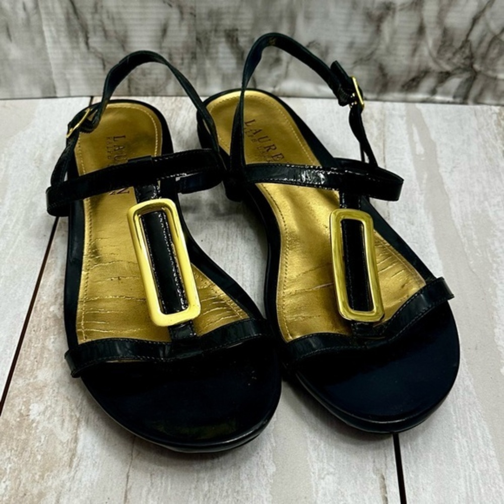 Lauren Ralph Lauren Black Sandals Golden Buckle Strappy Flats Summer Vibes Vacay